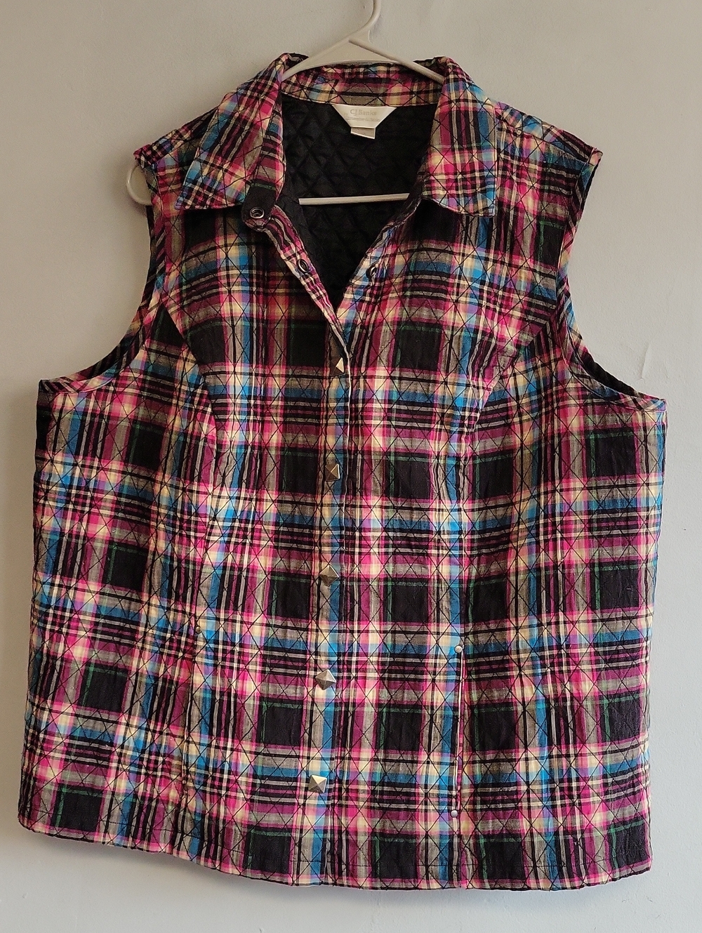 Women's size 2X quilted snap-up cotton vest black pink blue plaid
